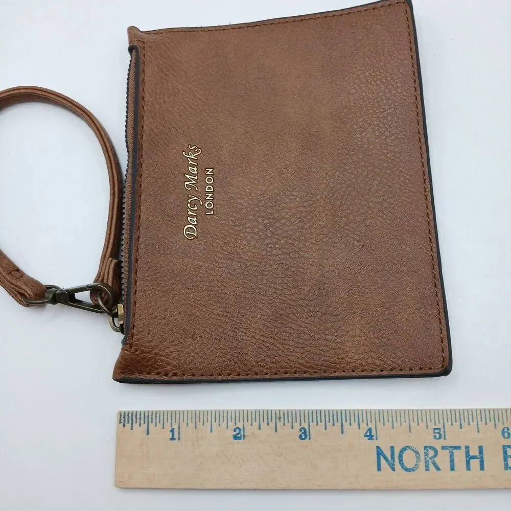 Darcy Marks London Wristlet Wallet Dark Brown Faux Leather Zip Top Thin Profile